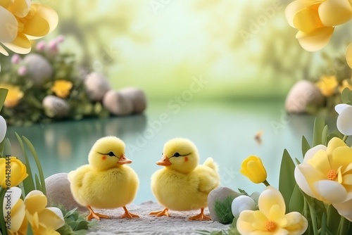 two little chickens look at each other against the background of a lake with spring flowers. Illustration on the theme of Easter