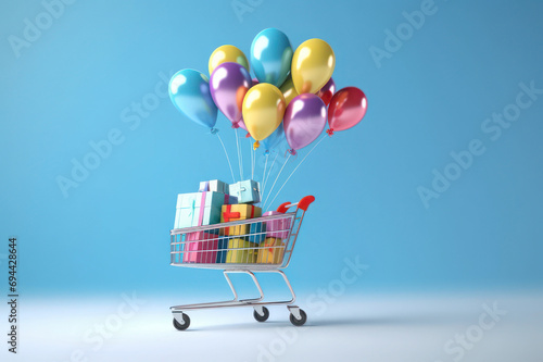 Shopping cart with gifts and balloons on a blue background. AI generative.