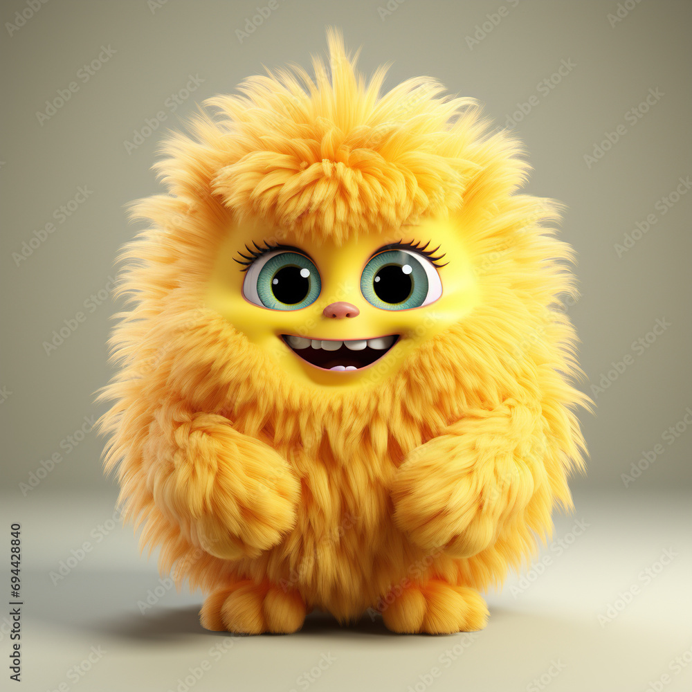 Cute yellow furry monster 3D cartoon character