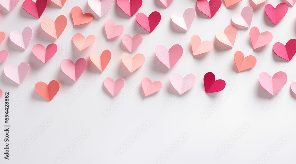 Pink paper hearts floating in the air on the white background, copy space