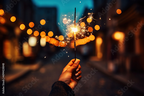New Year's sparkler at night in a woman's hand. Holiday background