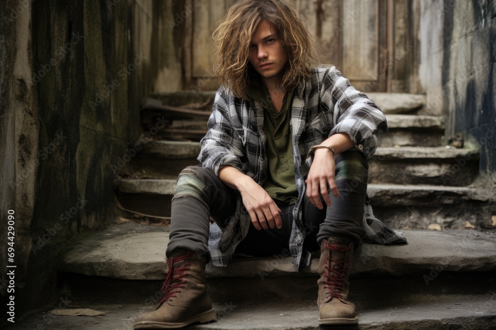 Male model in a grunge style with layered flannel and boots Male model in a grunge style with layered flannel and boots