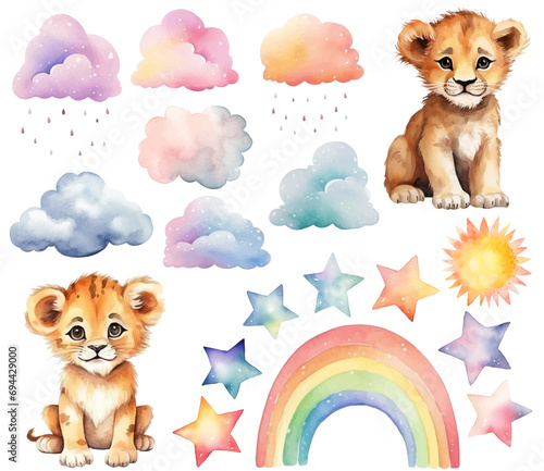 Watercolor baby lion. Set of vector hand drawn lions, nursery elements, clouds rainbow, stars, wall stickers. Pastel colors