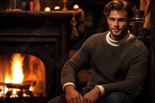 Male model in a cozy knit sweater by a fireplace