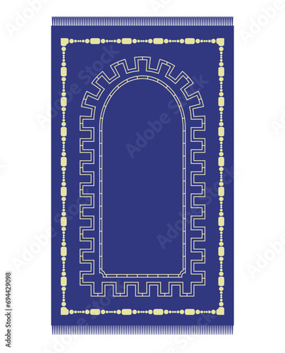 Muslim blue prayer rug with decorative elements. Islamic textile. Vector illustration.