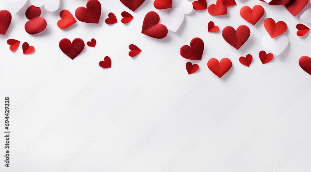 Red and white paper hearts floating in the air on the white background, copy space