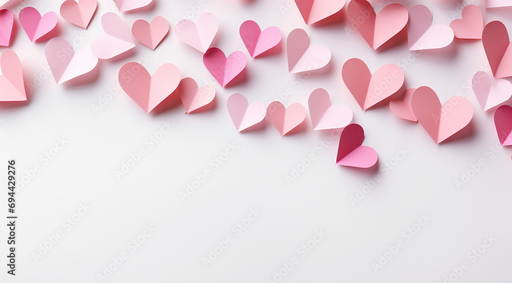 Pink paper hearts floating in the air on the white background, copy space Pink paper hearts floating in the air on the white background, copy space