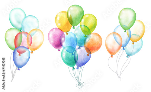 Set of watercolor colorful balloons isolated on white, hand drawn illustration
