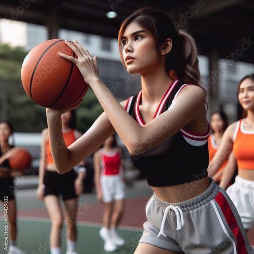 Woman basketball player with ball in action