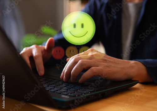 Customer satisfaction and survey experience concept. User review and feedback with positive rating, good performance and happy face smiling.
