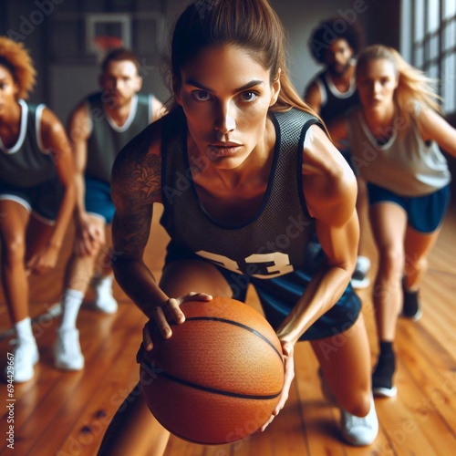 Woman basketball player with ball in action