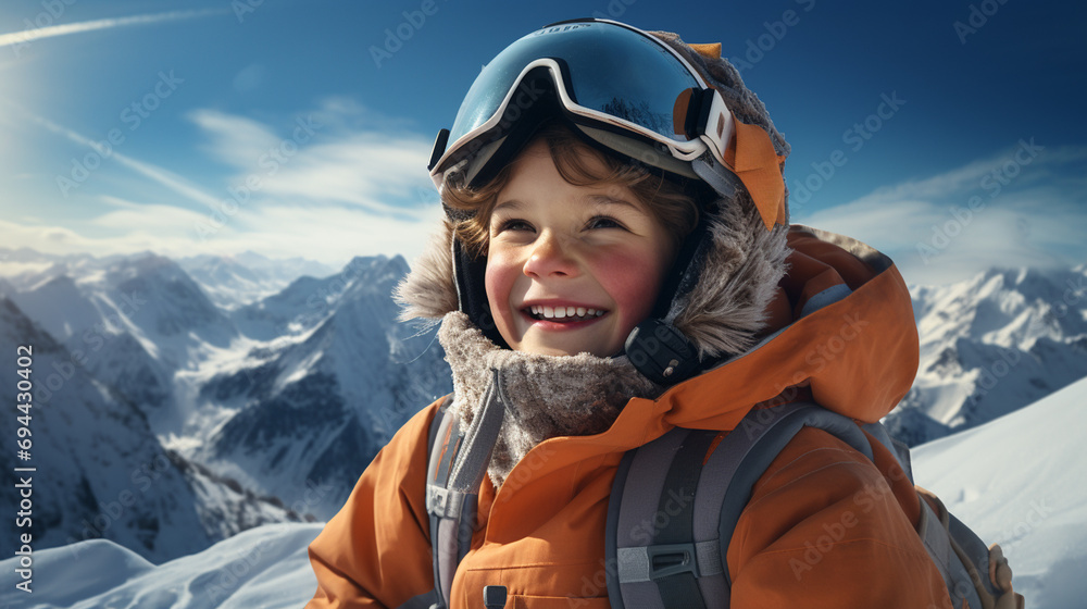 Side close portrait of a boy on snowboard move fast downhill smile and in active pose over ski lift, mountain tops