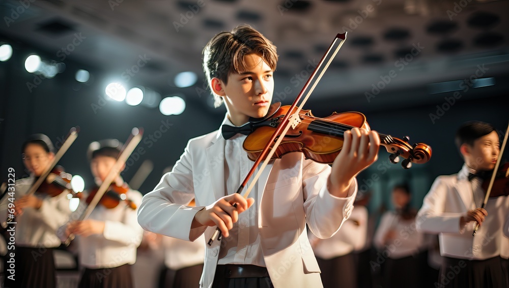 Fototapeta premium Young Violinist Performing in Orchestra Concert