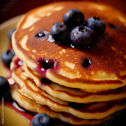 Tasty pancakes adorned with plump blueberries, and a lavish pour of mapple syrup. A perfect visual to showcase recipes, breakfasts, or desserts.