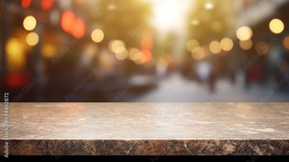 empty table marble blur background of street cafe with bokeh light, Advertisement, Print media, Illustration, Banner, for website, copy space, for word, template, presentation