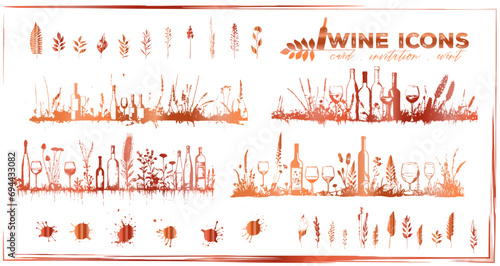 Invitation wine icons - Collection of wine glasses, bottles and plants.  Elements for invitation cards, advertising banners and menus.