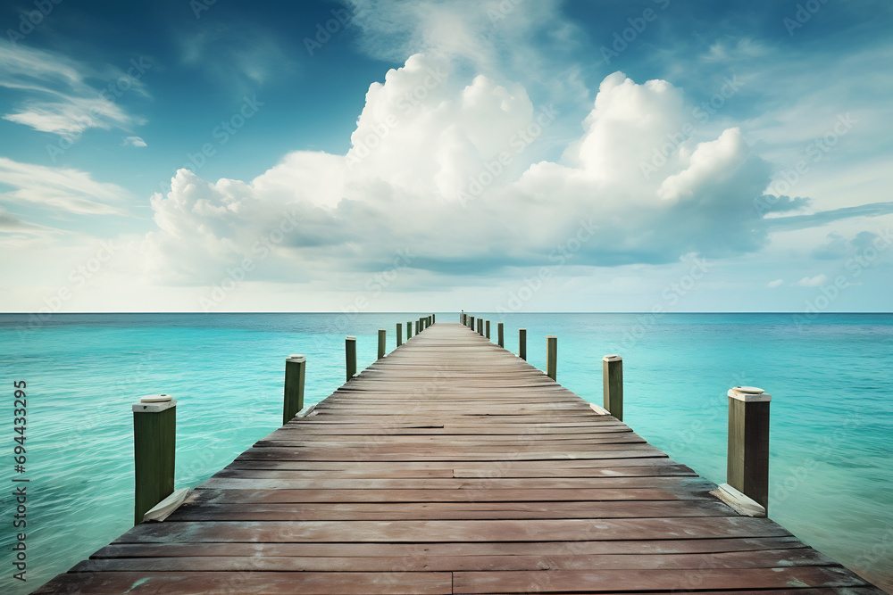 Dock boardwalk with sun and sea background, ai generative