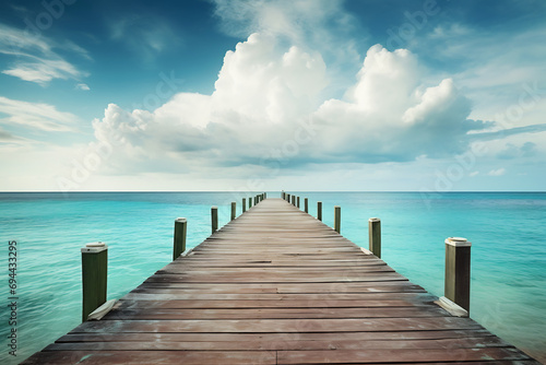 Dock boardwalk with sun and sea background, ai generative © Wizard