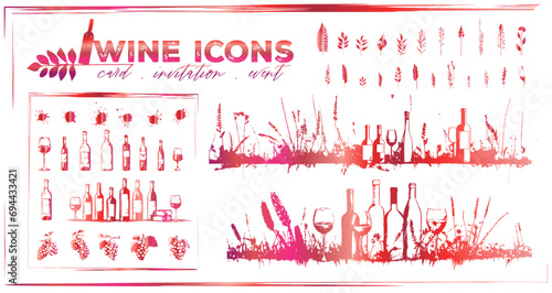 Invitation wine icons - Collection of wine glasses, bottles and plants.  Elements for invitation cards, advertising banners and menus.