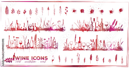 Invitation wine icons - Collection of wine glasses, bottles and plants.  Elements for invitation cards, advertising banners and menus.