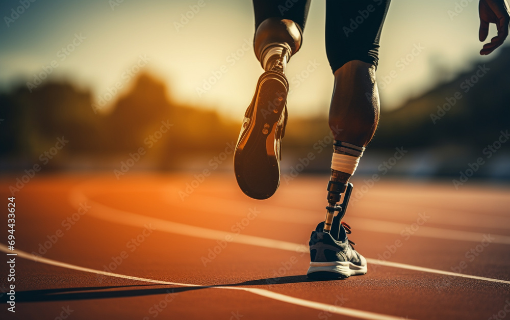 Amputee athlete participates in a race. Man with prosthetic leg running and aiming to win a competition. - obrazy, fototapety, plakaty 