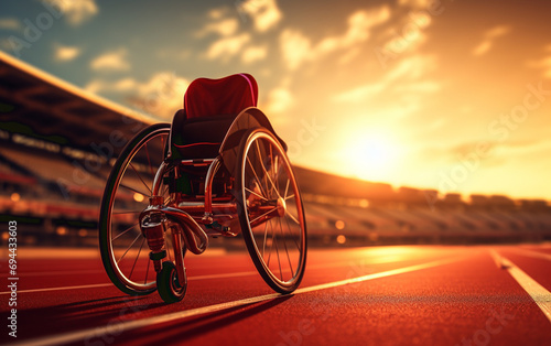Athletic stadium track and a race wheelchair on it. photo