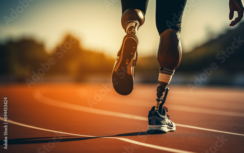Amputee athlete participates in a race. Man with prosthetic leg running and aiming to win a competition. photo