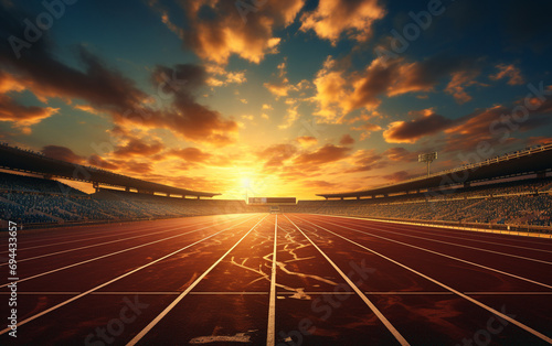 Running track with lanes over sky and clouds photo
