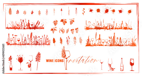 Invitation wine icons - Collection of wine glasses, bottles and plants.  Elements for invitation cards, advertising banners and menus.