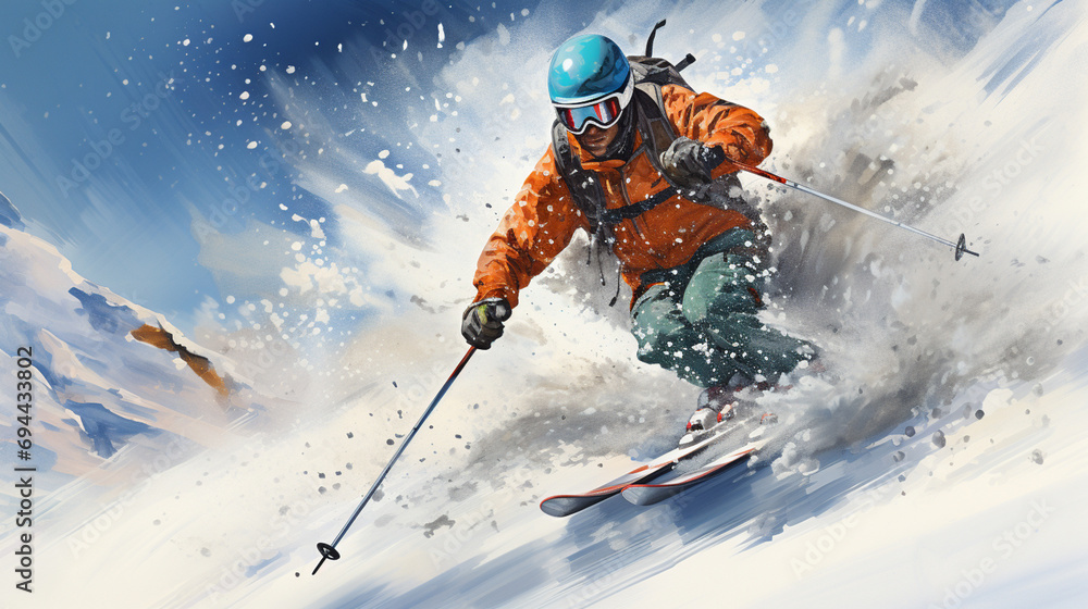 Sliding professional skier in orange warm sport suit with googles. Extreme downhill. Scenic picturesque mountain landscape. Winter holiday resort and vacation.