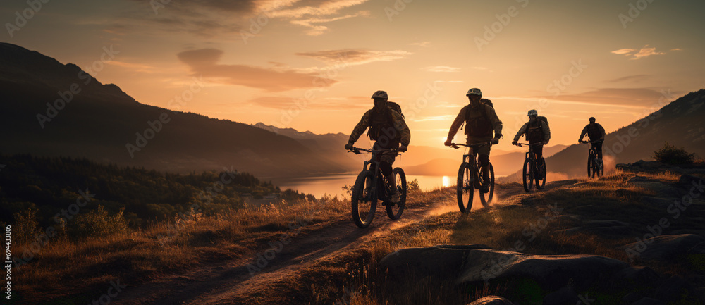 Silhouette group friend and bike on blurry sunset background. - obrazy, fototapety, plakaty 