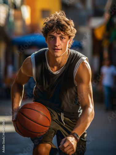 Handsome man carrying a basketball ball and looking at camera © Nataliia