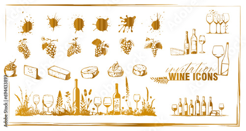Invitation wine icons - Collection of wine glasses, bottles and plants.  Elements for invitation cards, advertising banners and menus.