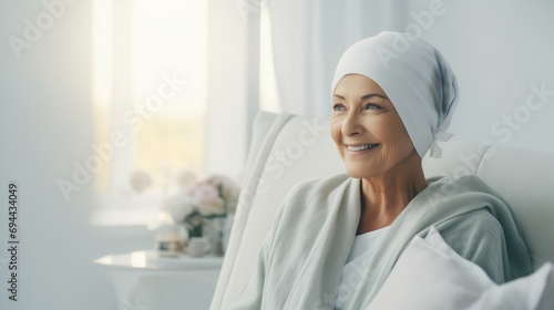 Optimistic senior woman with headscarf after cancer chemotherapy treatment photo