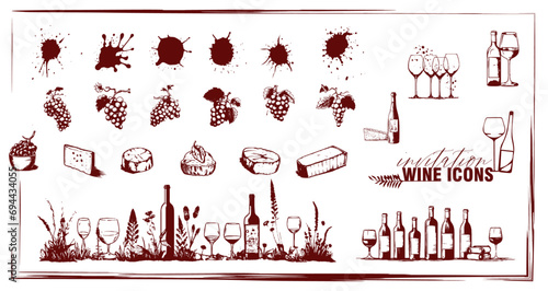 Invitation wine icons - Collection of wine glasses, bottles and plants.  Elements for invitation cards, advertising banners and menus.