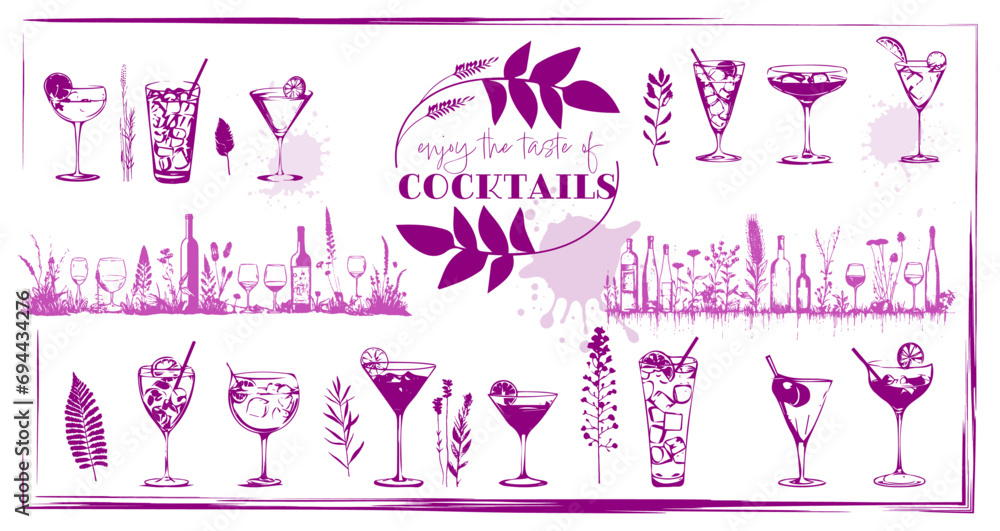 Set of cocktail glasses and plants - Cocktail bar menu. Vector elements for restaurant and cafe. Modern design template with different cocktails. Set of cocktail glasses and plants - Cocktail bar menu. Vector elements for restaurant and cafe. Modern design template with different cocktails.