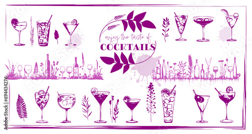 Set of cocktail glasses and plants - Cocktail bar menu. Vector elements for restaurant and cafe. Modern design template with different cocktails.