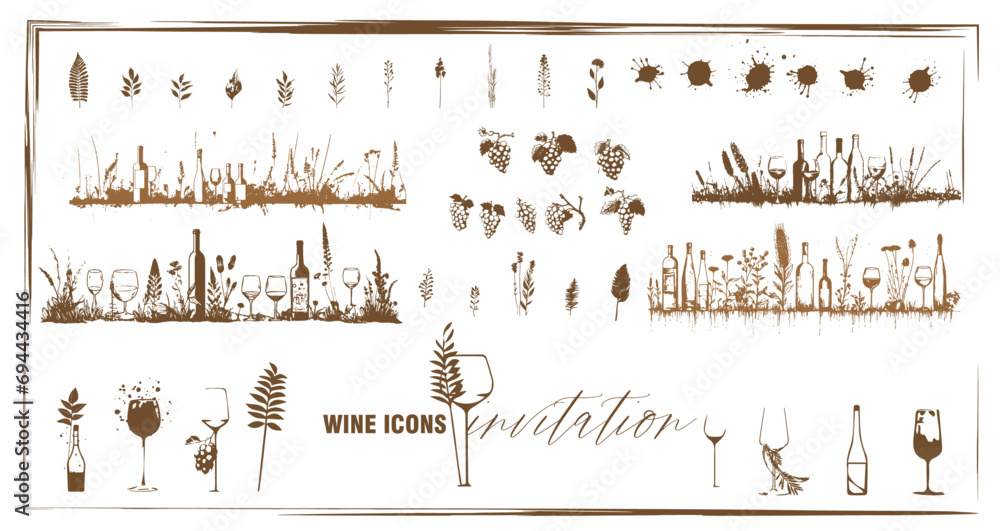 Invitation wine icons - Collection of wine glasses, bottles and plants.  Elements for invitation cards, advertising banners and menus.