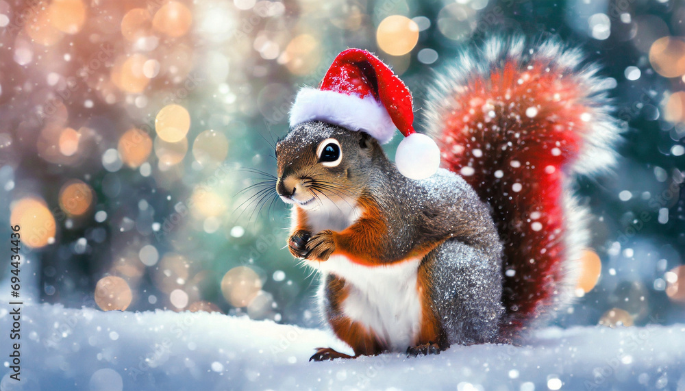 christmas squirrel with santa hat in snow with magical background christmas squirrel with santa hat in snow with magical background