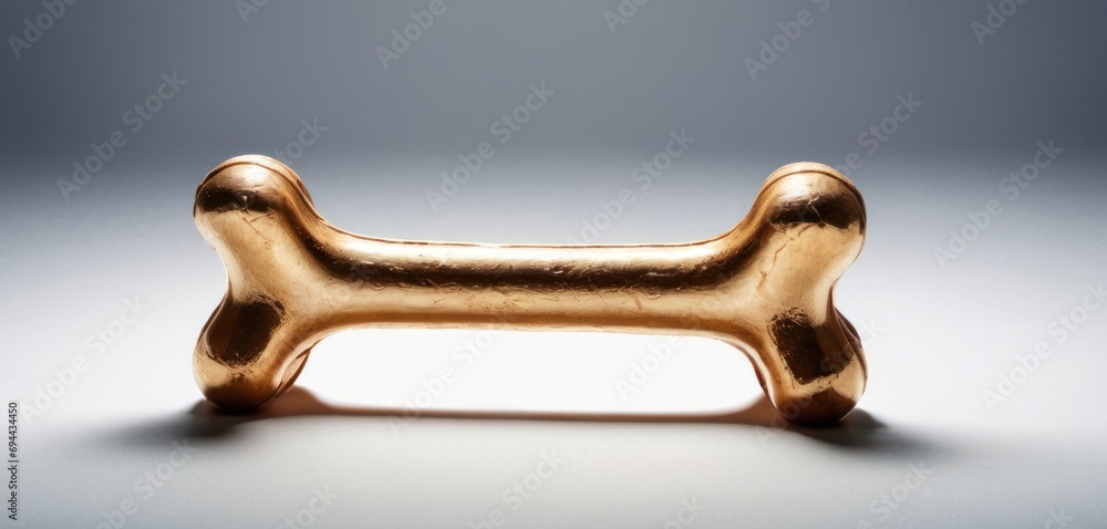  a gold dog bone on a white background with a light reflection on the bottom of the bone and a shadow on the bottom of the bone.