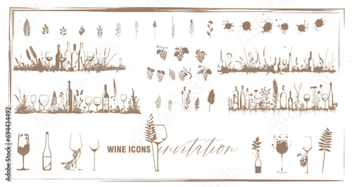 Invitation wine icons - Collection of wine glasses, bottles and plants.  Elements for invitation cards, advertising banners and menus.