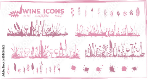 Invitation wine icons - Collection of wine glasses, bottles and plants.  Elements for invitation cards, advertising banners and menus.