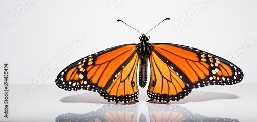  a close up of a butterfly on a white surface with a reflection of it's wing and wingtips.