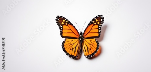  a close up of a butterfly flying on a white surface with only one wing missing from the top of the butterfly.