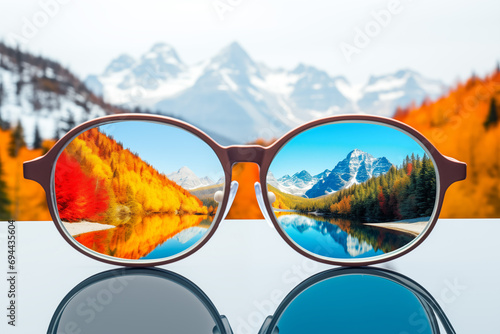 A pair of glasses with one lens showing a grey world and the other a vibrant, colorful reality, denoting new perspectives.