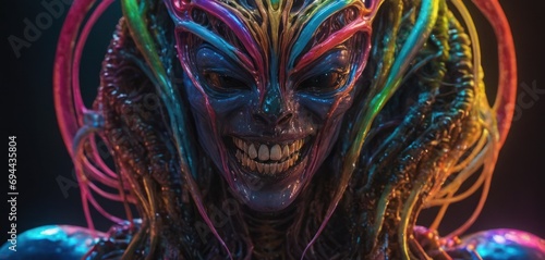  a close up of a person's face with multicolored hair and a creepy smile on their face.