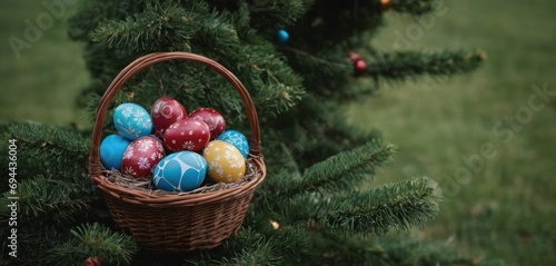  a basket filled with colorful easter eggs sitting on top of a green grass covered field next to a pine tree.