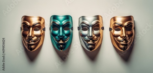  a group of three masks sitting on top of a white wall with a green and gold mask on top of it. photo