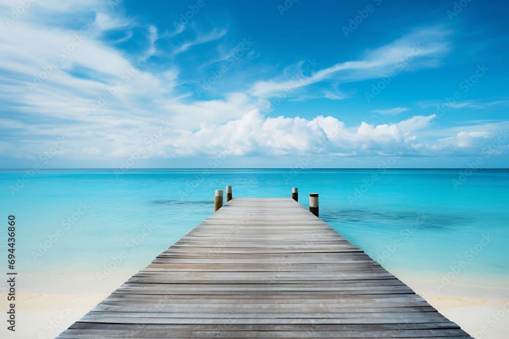 Calm relaxing background with a sea and sun light with boardwalk, ai generative - obrazy, fototapety, plakaty 