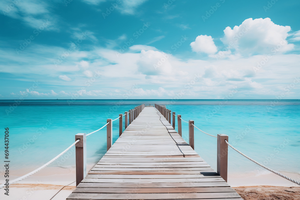 Artistic boardwalk with sea view for tour background, ai generative